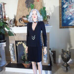 St. John Evening Black Knit Crystal Embellished Jacket & Pleated Skirt Set 4/2